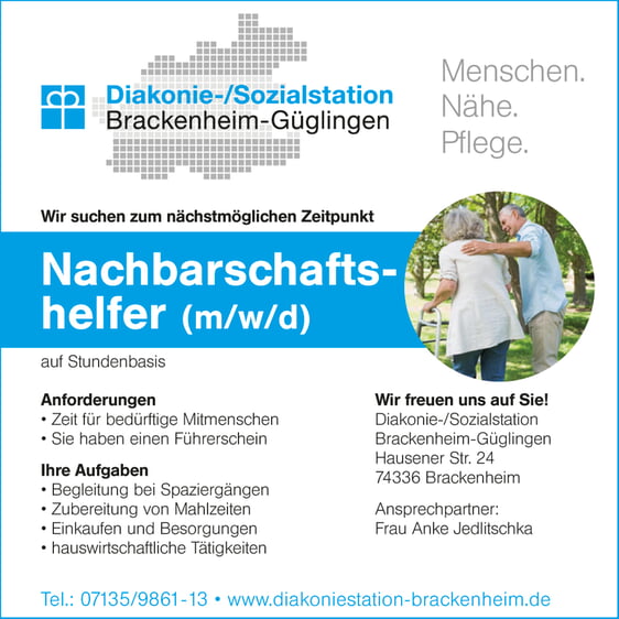 Wir suchen zum nächstmöglichsten Zeitpunkt Nachbarschaftshelfer (m/w/d) auf Stundenbasis