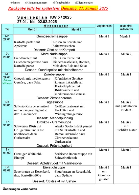 Speiseplan Woche 05/2025 vom 27.01. bis 02.02.2025 bitte bis Dienstag, 21.01.2025 bestellen